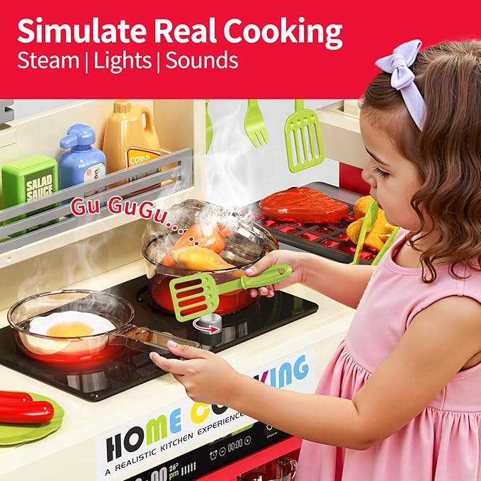 Kids Kitchen Playset, Play Kitchen with Stove, Grill, Sink, Play Food, ToyKitchen Accessories, Cooking Kitchen with Lights Sound Steam, Pretend Play Toys for Kids Toddler Birthday Gifts