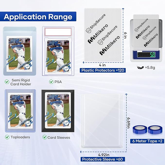 120 Pack Trading Card Shipping Protectors, 4'' x 6'' Plastic Card Protector with Protective Sleeves and Tape Rolls Fit for PSA Graded Cards