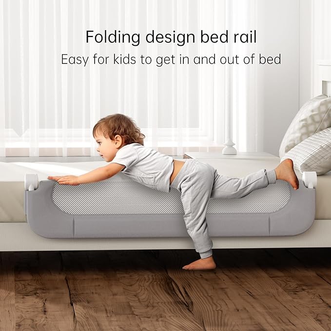 UPGOGO Folding Bed Rail for Toddlers,Baby Bed Rail Guard with Reinforced Anchor Safety System,Fit Bunk,Full Size,Queen,King,Twin(Grey,43"x23.6")
