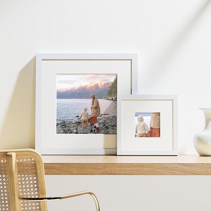 Vittanly 8x8 Picture Frames Set of 9 for Wall or Tabletop Display, White | Display Pictures 4x4 with Mat or 8x8 without Mat for Wall Mounting, Square Photo Frames for Home Decor, Engineered Wood