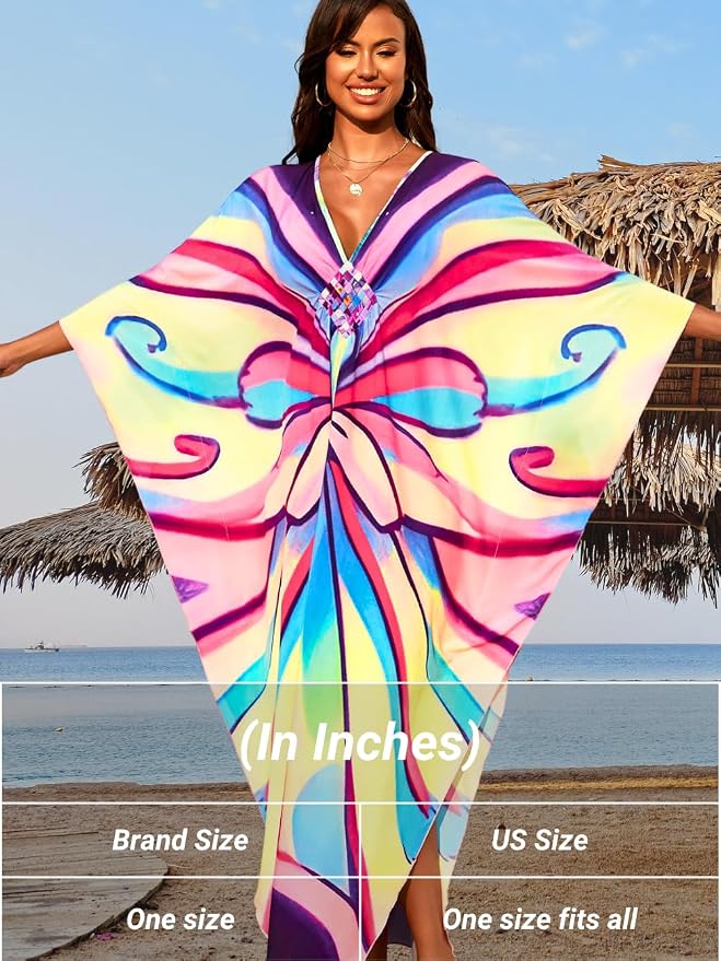 ChiaoLezhee Print Moo-Moos for Women, Kaftan Cover-Up Dresses, Sexy V-Neck High-Slit, Beach Pool-Party Coverups Muumuu Plus