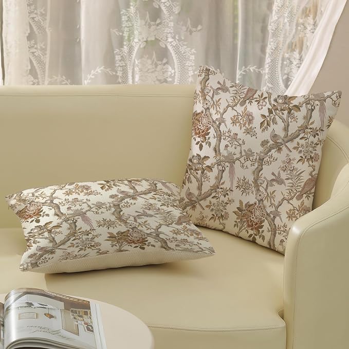 Chinoiserie Pillow Covers 18x18 Set of 2 Brown Bird Floral Throw Pillows Vintage Flowers Bird Decorative Pillowcase Farmhouse Linen Cushion Case Decor Outdoor Throw Pillows for Couch Sofa