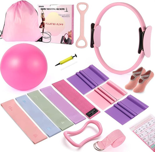 Qinkada Pilates Kit, Pilates Equipment Home Workout Essentials Set with 15" Pilates Ring and Yoga Ball, Resistance Bands, Figure 8 Resistance Band, Arm Exerciser, Yoga Strap, Socks, Bag Accessories