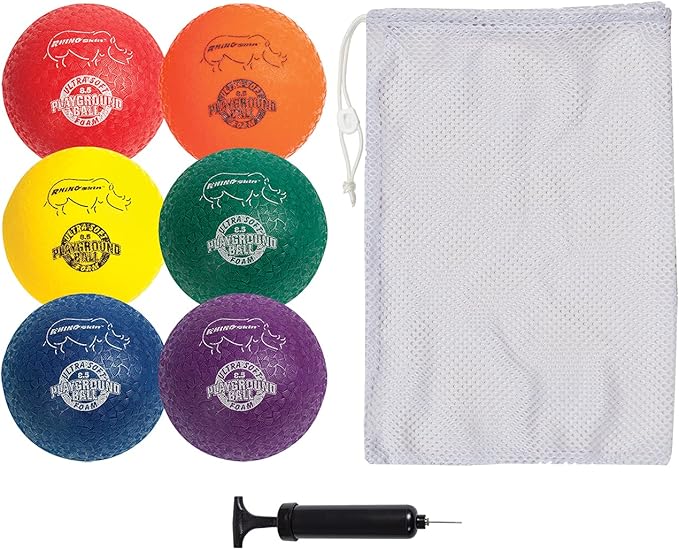 Champion Sports Super Soft Playground Ball Set – Rhino Skin® Foam Inflatable Balls for Indoor & Outdoor Play Durable, Lightweight & Safe for All Ages, Set of 6 with Pump & Mesh Bag