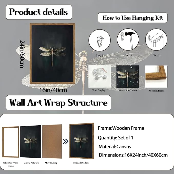 Dark Academia Dragonfly Wall Art Vintage Bug Wall Decor Pictures Whimsical Nature Insect Poster Canvas Print Moody Dragonfly Painting Artwork for Bedroom Living Room 16x24 inch Wood Framed