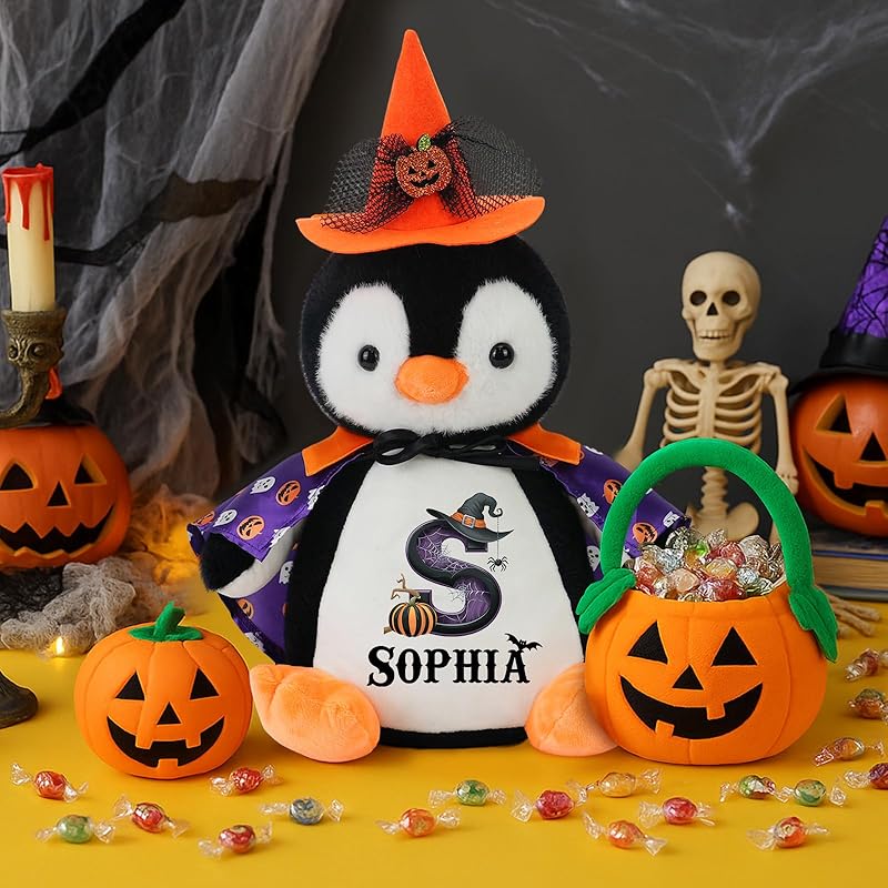 Custom Halloween Plushies Penguin Stuffed Animal, 13.8" Personalized Penguin Toy with Name Date Message, Baby's First Halloween Plush Gift for Kids Boys Girls