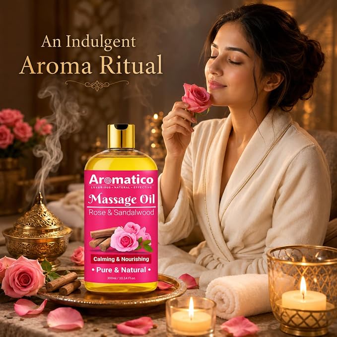 Aromatico Rose & Sandalwood Massage Oil for for Men & Women-10.1 fl oz | Lightweight Non-Greasy Body Oil for Massage & Daily Body Care, Fast-Absorbing Moisturizing Oil with Warm Floral Aroma