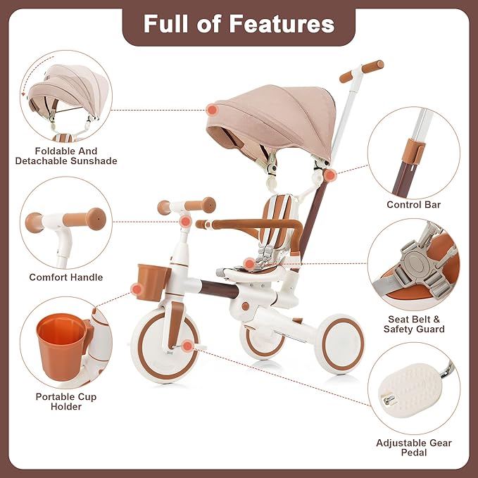 Kids Tricycle with Adjustable Pedals, Removable Canopy & Cup Holder Safe, Portable Toddler Bike