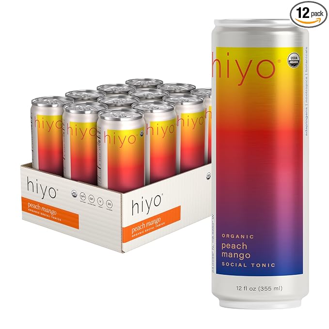 Hiyo Organic Social Tonic - Peach Mango, 12 Pack - N.A. Functional Seltzer, Sparkling Water Crafted with Organic Adaptogens, Nootropics & Botanicals