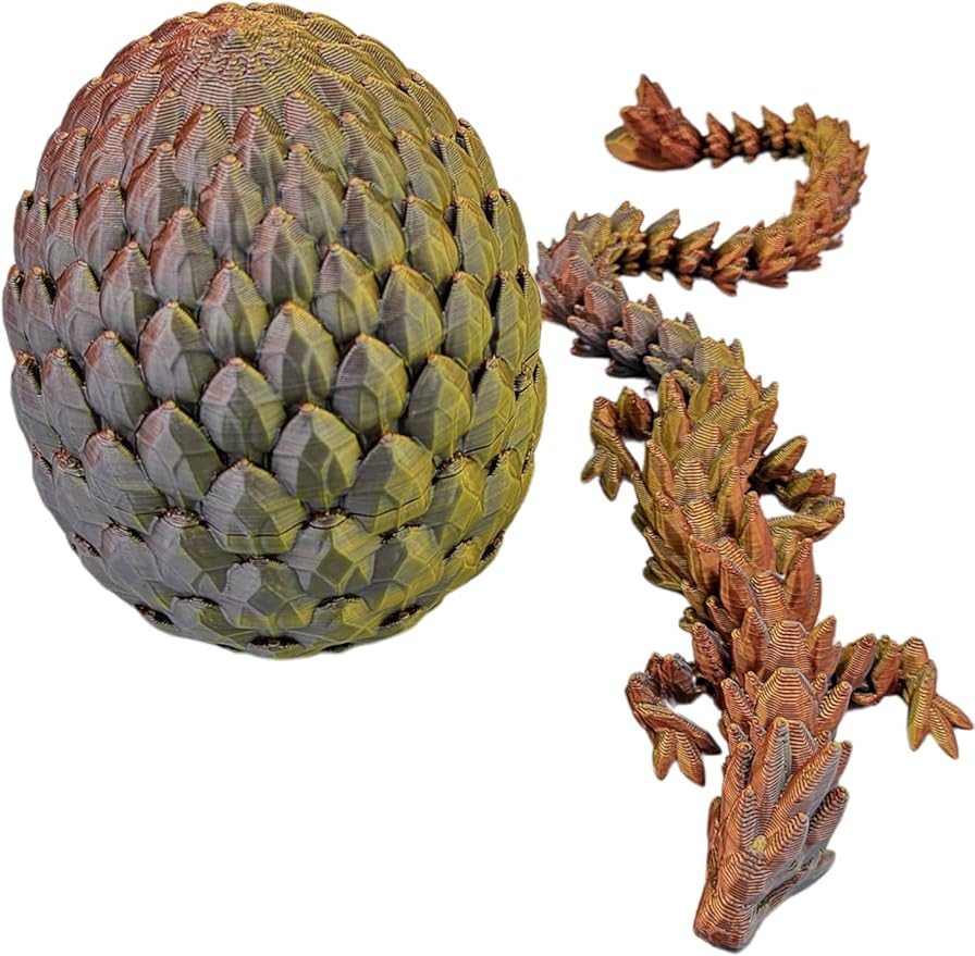 Surprise Dragon Egg Articulating Gemstone Dragon Fidget Toy - 3D Printed Flexi Dragons Flexible ADHD, Autism, Relief Anxiety - Articulated Joints (Gold Copper Silver)