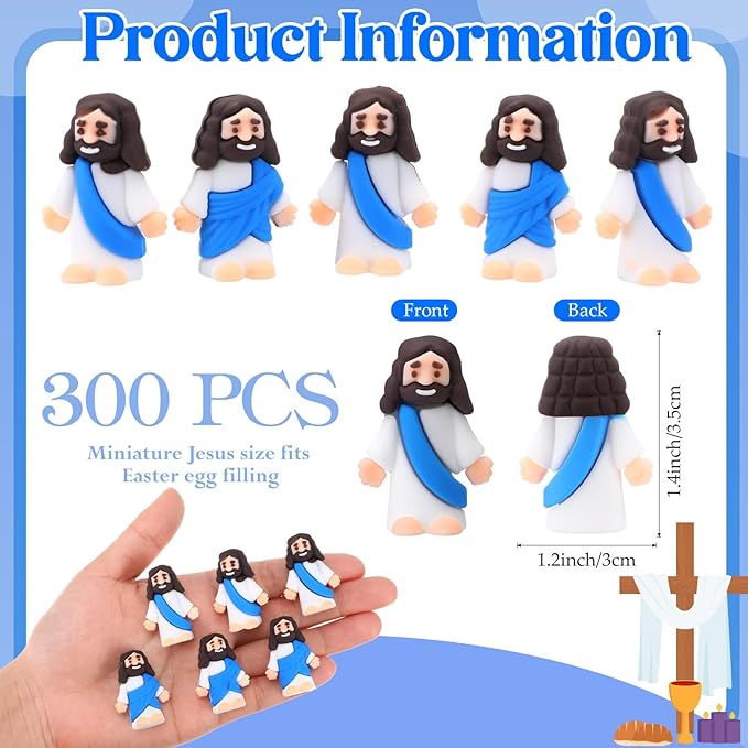 Bememo 300 Pcs Little Jesus Figures Bulk Original Design Mini Pocket Jesus Toys Rubber Figurine to Hide and Seek Religious Party Favors Sunday School Craft Baptism Gifts(Blue)