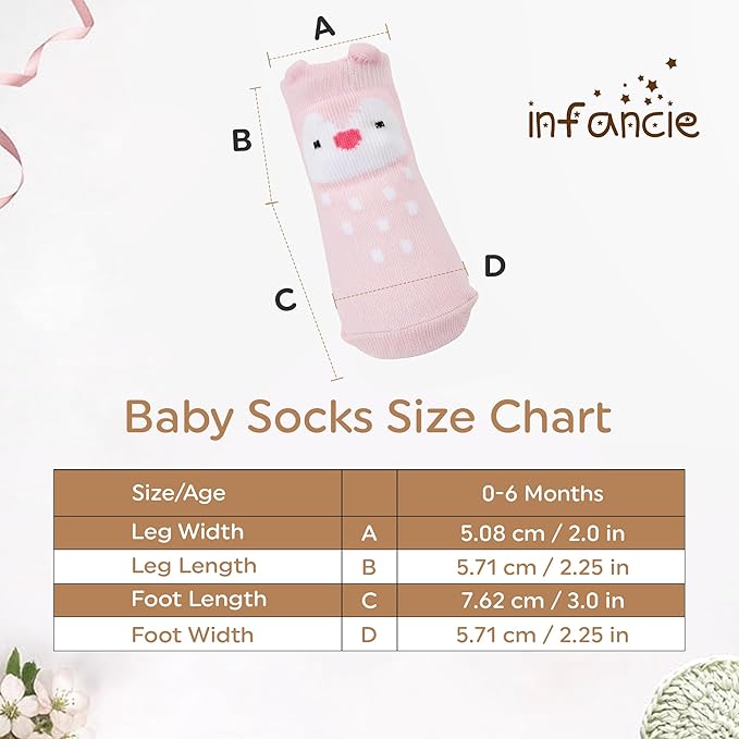 Organic Cotton GOTS Certified Non-Slip Baby Socks 0-6 Months - 7 Pairs Soft Breathable Newborn Socks Animal Design For Infant