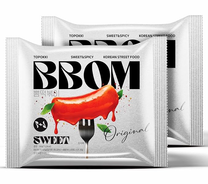 BBOM Instant Korean Tteokbokki Pouch – Sweet & Spicy Street Food – Easy and Convenient Preparation – Includes Tray, Rice Cakes & Powder Sauce, 3 Flavors_5.19oz (147g) x 2ea (Sweet)
