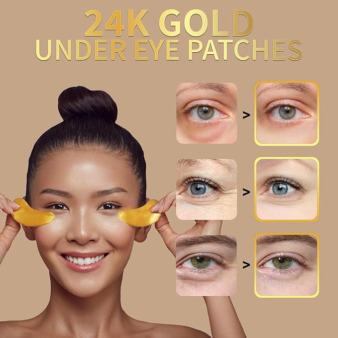 24K Gold Under Eye Patches (20 Pairs) Anti-Wrinkle Hydrogel Eye Mask with Collagen & Hyaluronic Acid -Reduces Dark Circles, Puffiness & Fine Lines - Eye Treatment for Men & Women