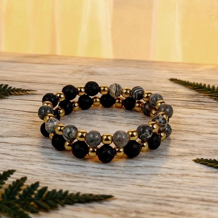 Caiyao 2Pcs Matte Lava Rock Volcanic Stone Beads Stretch Bracelet Stacking Essential Oil Diffuser Tiger Eye Seed Energy Yoga Bracelet for Men Women Couple Stress Relief Healing Aromatherapy Jewelry