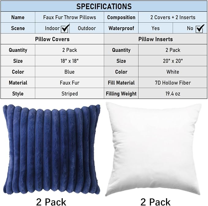 Decorative Throw Pillow with Inserts, Set of 2 Soft Faux Fur Throw Pillows, Square Boho Striped Pillow for Couch, Bed, Sofa Decor (Blue, 18" x 18"(Pack of 2))