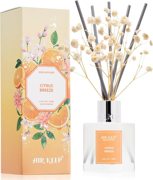 Airkeep Reed Diffuser Set,3.38 fl oz (100 ml) - Citrus Breeze Oil Diffusers with 8 Reed Sticks, Home Fragrance Reed Diffuser for Bathroom Shelf Decor