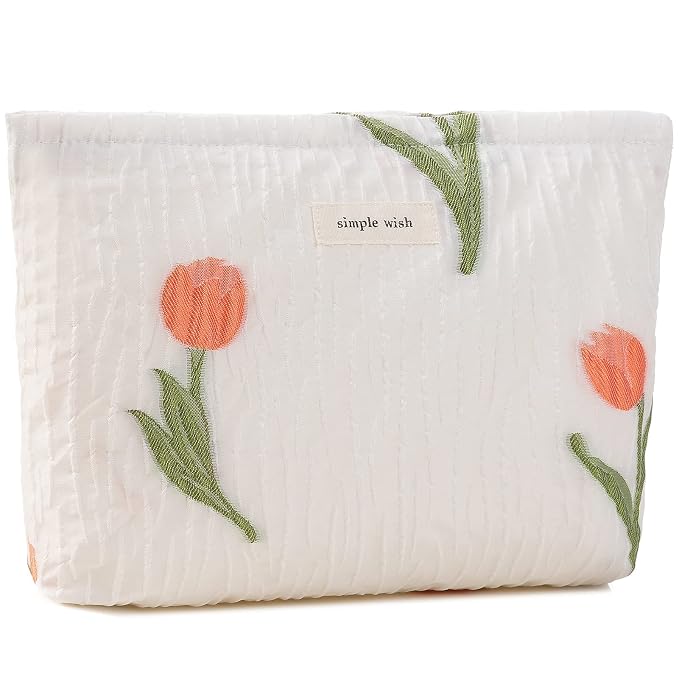 ZLFSRQ Makeup Bag Travel Cosmetic Bag for Purse Floral Zipper Makeup Pouch for Women Small Cute Flower Cosmetic Pouch Toiletry Bag Pencil Case Portable Organizer Canvas Aesthetic Gift (Tulip)