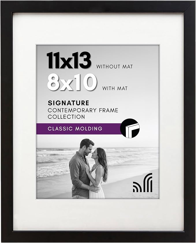 Americanflat 11x13 Picture Frame with Shatter-Resistant Glass - Use as 8x10 Frame with Mat or Display 11x13 Photo Without Mat - Signature Collection - Picture Frames for Wall Display - Black | Shatter-resistant glass, hangs vertical or horizontal, sawt...