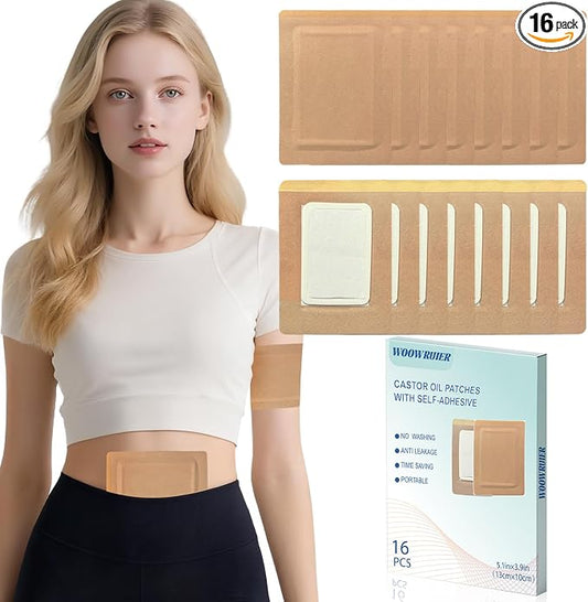 16 Pcs Castor Oil Patches, Disposable Portable Castor Oil Packs with Anti Leakage Cotton for Belly/Feet/Knee (Oils Not Included), 5.1" x 3.9"