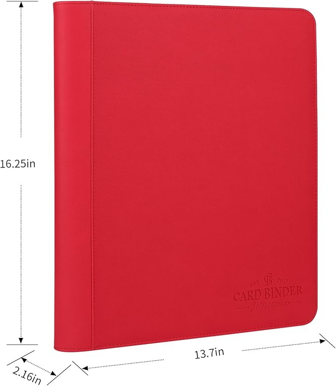 9-Pocket Toploader Binder, Holds 288 Cards in 3x4" Rigid Hard Cases, Premium PU Leather Zippered Trading Card Album for TCG & Sports Cards, Waterproof & Anti-Scratch - Red