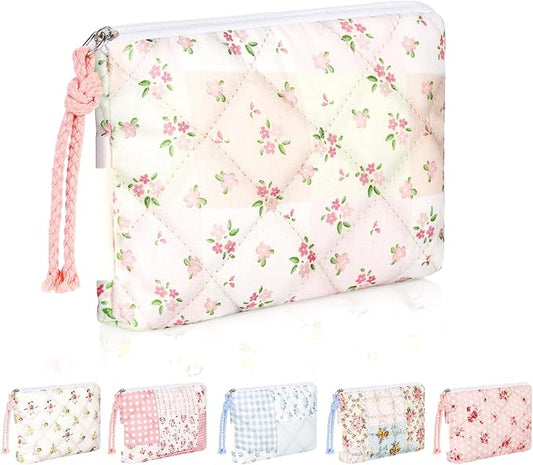 Quilted Mini Cotton Makeup Bag, Small Floral Cosmetic Bag for Purse, Portable XS Travel Makeup Pouch for Daily Use, Travel (Green+Pink Floral)