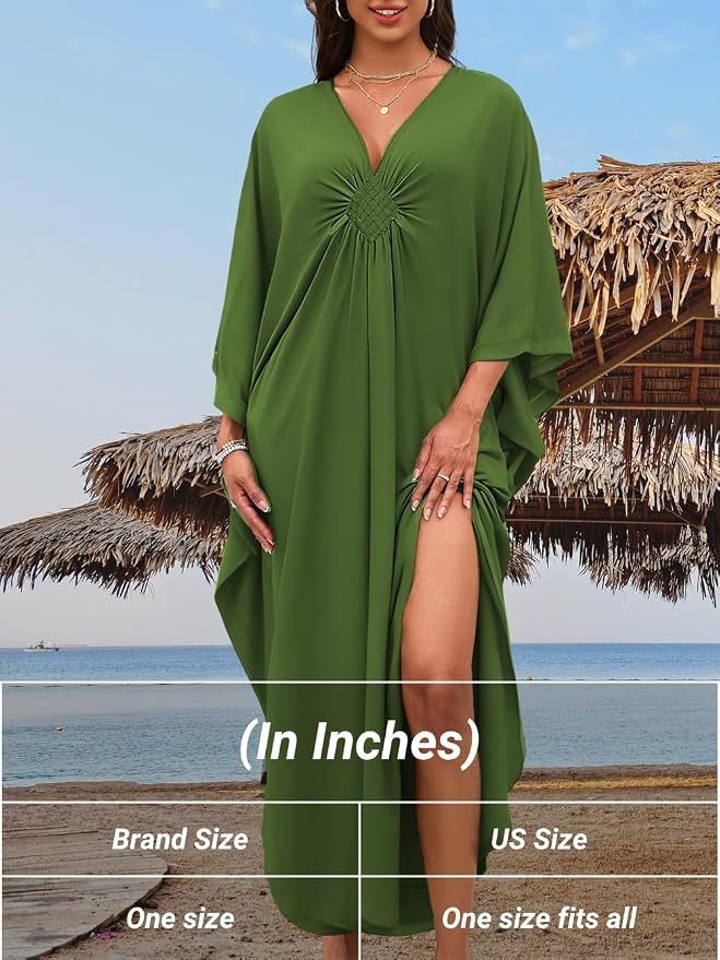 ChiaoLezhee Print Moo-Moos for Women, Kaftan Cover-Up Dresses, Sexy V-Neck High-Slit, Beach Pool-Party Coverups Muumuu Plus