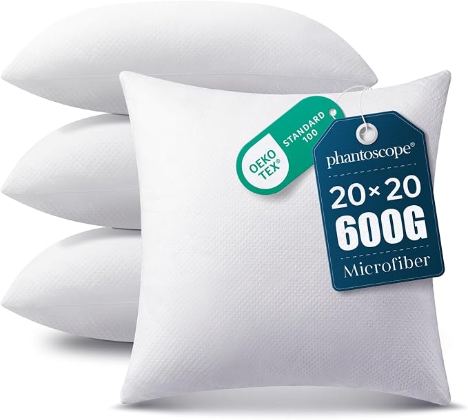 Phantoscope 20x20 Pillow Inserts, Throw Pillow Inserts for Couch, Pack of 4 | 100% Virgin Fiber Hypoallergenic Pillow Form, Soft Throw Pillow Inserts, Lightweight Throw Pillows for Couch Bed Pillows