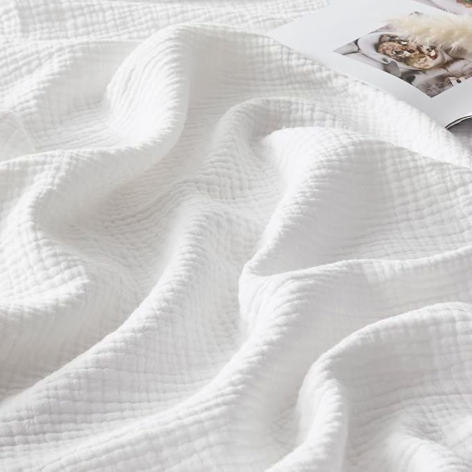 WDCOZY Muslin Throw Blanket 100% Cotton Blankets 4-Layer Breathable Lightweight Soft for Couch Boho Farmhouse Linen Tassels Ruffle Gauze Blankets All Season for Adults 50x60 Inches White