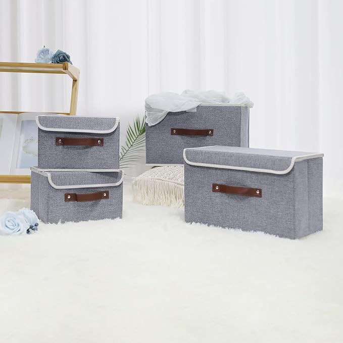 ANMINY Fabric Storage Box Bins with Lids, Gray, 10"x8"x7", 4 Pack | Keepsake Memory Storage, Cotton Linen, PP Board Reinforced, Washable, PU Handles, Foldable & Stackable, Decorative, Small