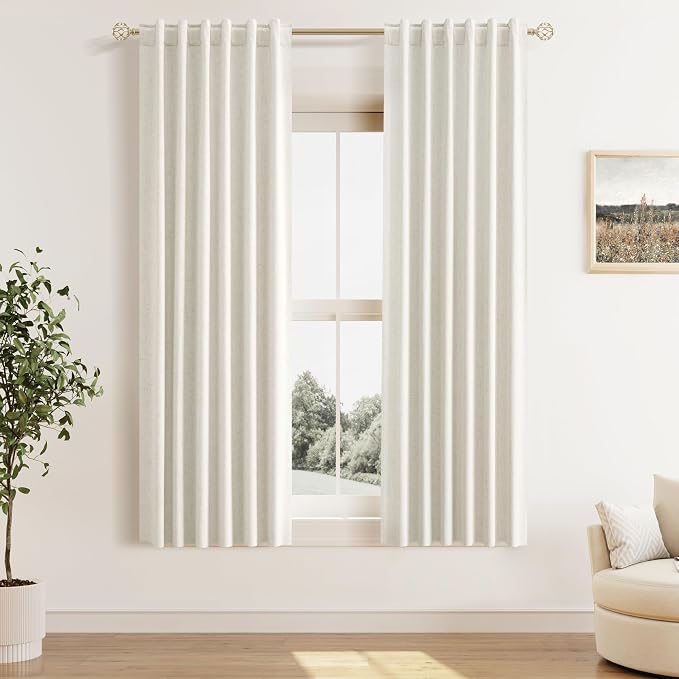Guken 100% Blackout Linen Curtains for Bedroom 63 Inches Long Natural Cream Black Out Curtain Back Tab Thermal Insulated Room Darkening Window Drapes for Living Room 2 Panels Beige Ivory 42x63