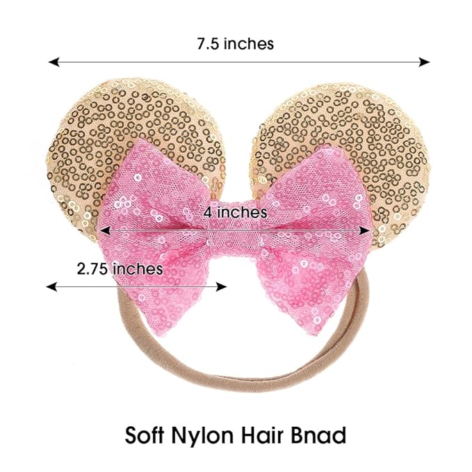 JIAHANG Mouse Ear Nylon Headband with Sequin Bow, Soft Elastic Hair Bow Hair Band, Party Headwear for Baby Newborn Infant Toddlers, kids, Gilrs