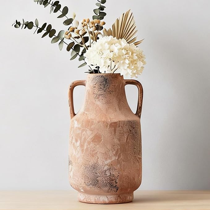 Kanwone Ceramic Vase with Handles, 11 Inch Tall Flower Vase for Centerpieces, Decorative Farmhouse Rustic Vase, Large Terracotta Vases for Home Decor, Living Room, Kitchen, Table, Mantel, Retro
