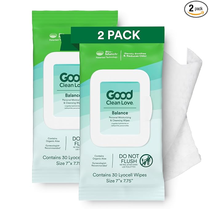 Good Clean Love Balance pH-Balanced Feminine Wipes, Supports Vaginal Health Naturally & Reduces Odor, Non-Irritating Moisturizing & Cleansing Hygiene Product Made with Organic Aloe, (60 Count)