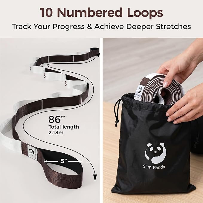 Slim Panda Stretching Strap with Loops - Non-Elastic Heavy Duty Nylon Yoga & PT - Oversized Multi-Loop Home Rehab - Hamstring Shoulder Pilates Flexibility