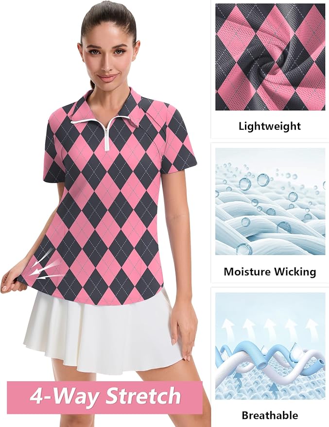 LOMON Womens Golf Polo Shirt Summer Short Sleeve Quarter Zip Outfit | Side-Pockets,Princess Seams,Cotton,Wrinkle Free,Moisture Wicking,Quick-Dry,Lightweight,Collared,for Tennis Workout