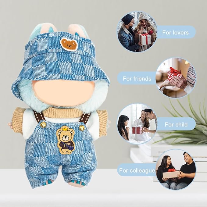 Clothes for 17cm Dolls(NO Doll) Outfit with Accessories Suit Cute Stylish Dress Up Set Denim Plaid