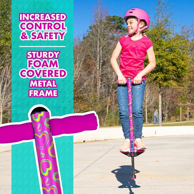 Flybar Jolt Pogo Stick for Kids, Perfect for Beginners w/Foam-Covered Metal Frame, Handles & Padding, Non-Slip Foot Pads, Wide Tip, Outdoor Active Play Toy for Boys & Girls, Ages 6+, Pink Hearts