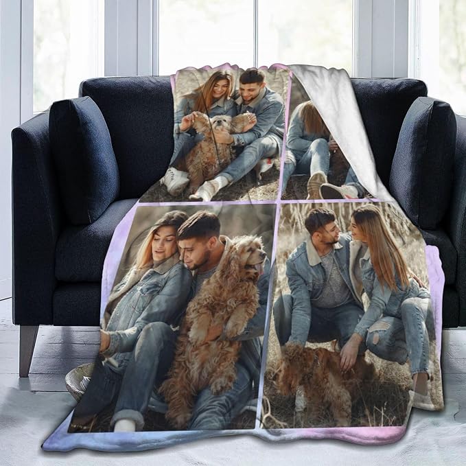 Custom Blanket with Picture Text, Personalized 4 Photo Blanket, HD Printing Customized Flannel Throw Blanket Gifts for Mom Dad Couple Girlfriend Boyfriend Wife Husband Christmas