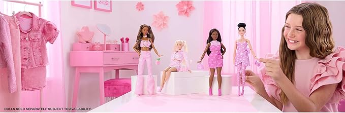 Barbie Deluxe Style Doll #10 in Pink Denim Top and Skirt Set with Bow Print, Black Hair, Behind-the-Ear Hearing Aids and Accessories Like Handbag