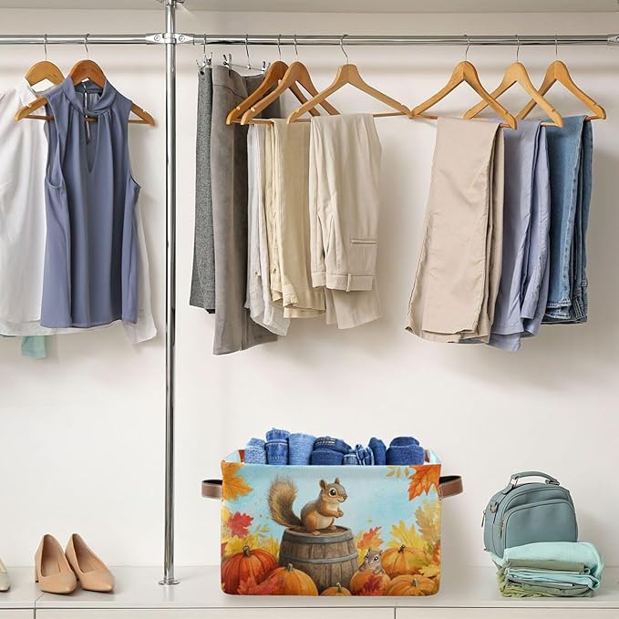 Aslsiy Storage Basket Fall Squirrel Pumpkins Maple Nursery Bins Blue Sky Baby Box Canvas Clothes Shelf Basket Laundry Hampers 2 Pcs