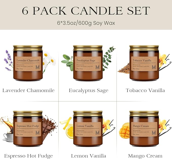 M&SENSE 6 Pack Candle Gift Set, Aromatherapy Scented Candle for Home Fragrance, Natural Soy Wax Candles for Stress Relief, Yoga, Long Lasting Small Jar Candle Gift Set for Birthday Housewarming