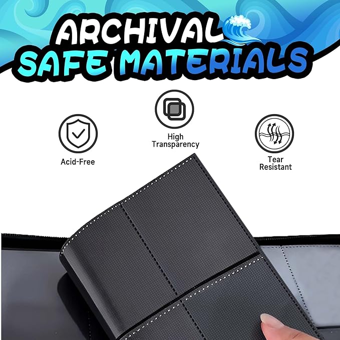 Trading Card Binder 4 Pocket,400 Pocket Card Collection Binder with 50 Removable Sleeves,PU Waterproof Top Card Book,3-Ring Zipper Collectible Trading Card Album for MTG/TCG/Card Holder Gift（Water）