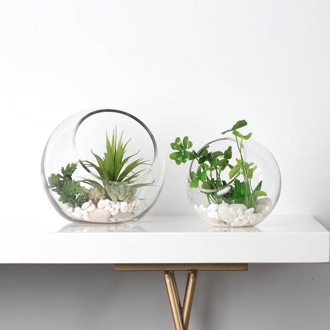 WGV Slant Cut Bowl Glass Vase, Width 9", Height 9", Clear Round Globe Planter Terrarium Orb, Candy Dish, Fruit Jar, Floral Container for Home Office Decor, 1 Piece