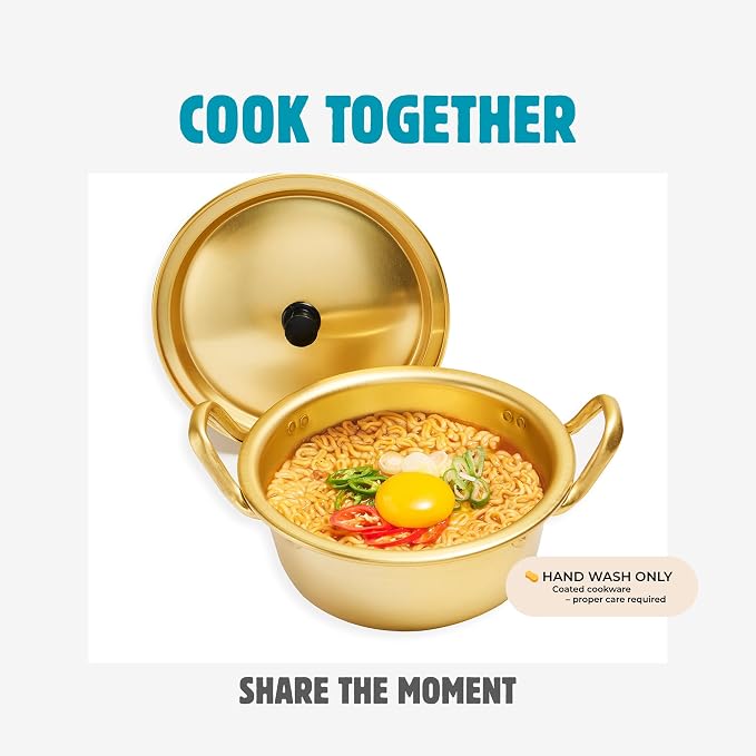 xenoz Korean Ramen Noodle Pot Set, 2 Bowls, 2 Spoons & Chopsticks | Made in Korea aluminum cookware set designed for sharing ramen, noodles and soup.