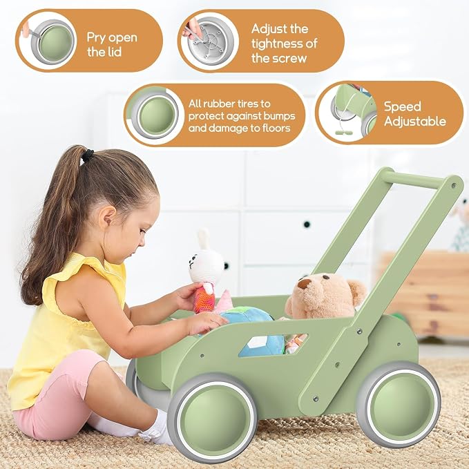 HOMEKOL Wooden Baby Push Walker, Green | Adjustable Height, with Rubber Wheels, for Boys and Girls, Gift for Birthday, Christmas and New Year
