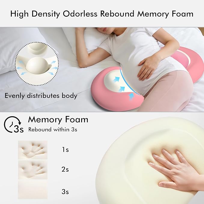 Pregnancy Pillows for Sleeping, Memory Foam W Shaped Maternity Pillow for Pregnant Women, Adjustable Travel Pregnancy Wedge Pillow with Cooling Removable Washable Cover, Support for Belly, Back(Pink)