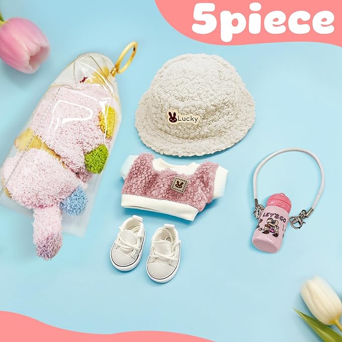 6 Piece Cute Doll Clothes 17 cm Outfit Blind Mystery Box Accessories Mini Plush Stuff Dress Overalls Hoodie Pajamas Pink
