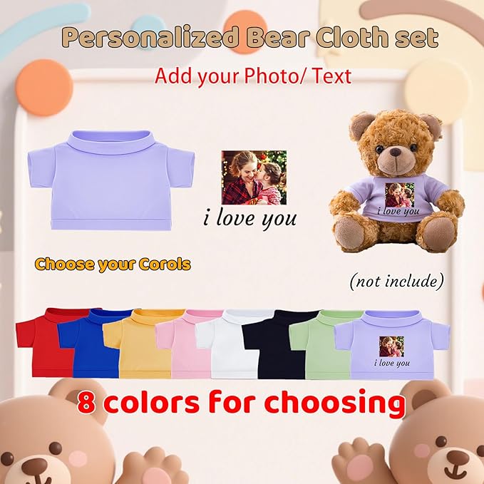 10 Pcs Custom Teddy Bear Clothes with Photo Text, Personalized Stuffed Animal Clothing Fit 8-16inch Stuffed Bear Clothing, Personalized Doll Clothes Make Your Own Plush Doll Shirt