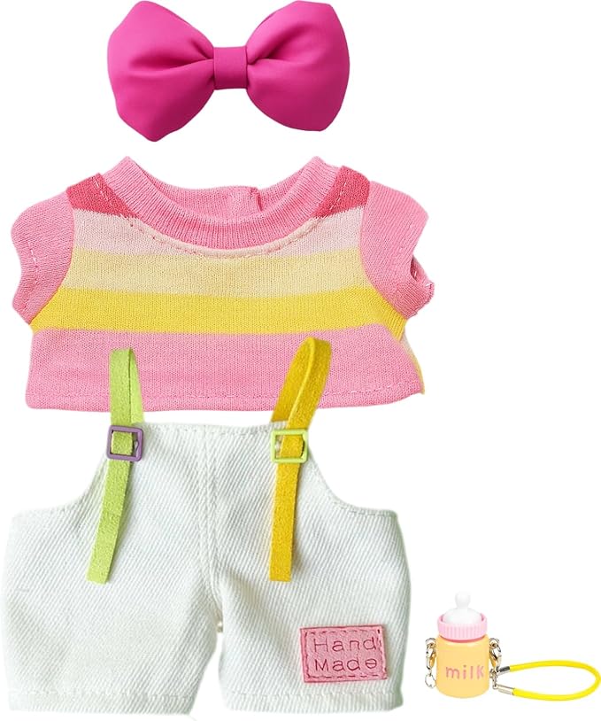 17cm Doll Clothes, Clothes Accessoriesor for 6.7 Inches Doll Clothes,Pink Top, White Overalls, Hair Bow & Charm for 6.7 inch Plush Dolls Accessories (Fresh White Overalls)